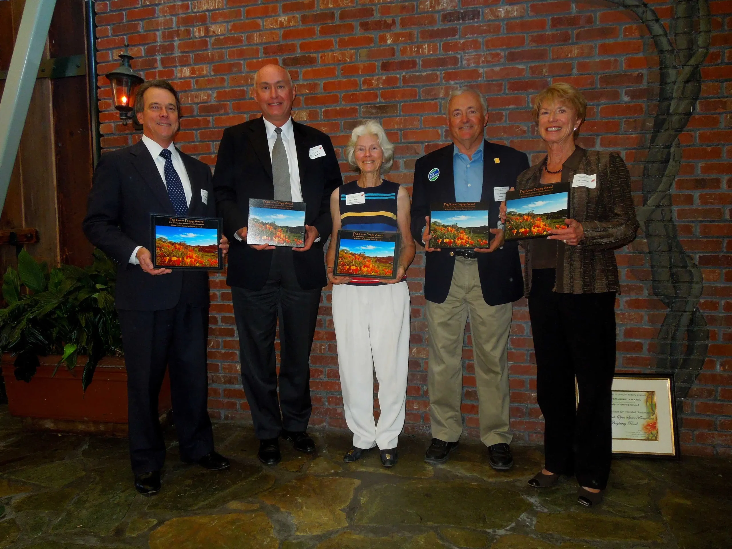 Five of the six coalition partners present to receive the 2012 Poppy Award: Eliot Hudson (Acalanes Ridge Committee), Lesley Hunt (WCOSF), Linus Eukel (Muir Heritage Land Trust), Mayor Bob Simmons (Walnut Creek), and Mayor Carol Federighi (Lafayette). Not pictured: East Bay Regional Park District. Five of the six coalition partners present to receive the 2012 Poppy Award: Eliot Hudson (Acalanes Ridge Committee), Lesley Hunt (WCOSF), Linus Eukel (Muir Heritage Land Trust), Mayor Bob Simmons (Walnut Creek), and Mayor Carol Federighi (Lafayette). Not pictured: East Bay Regional Park District.